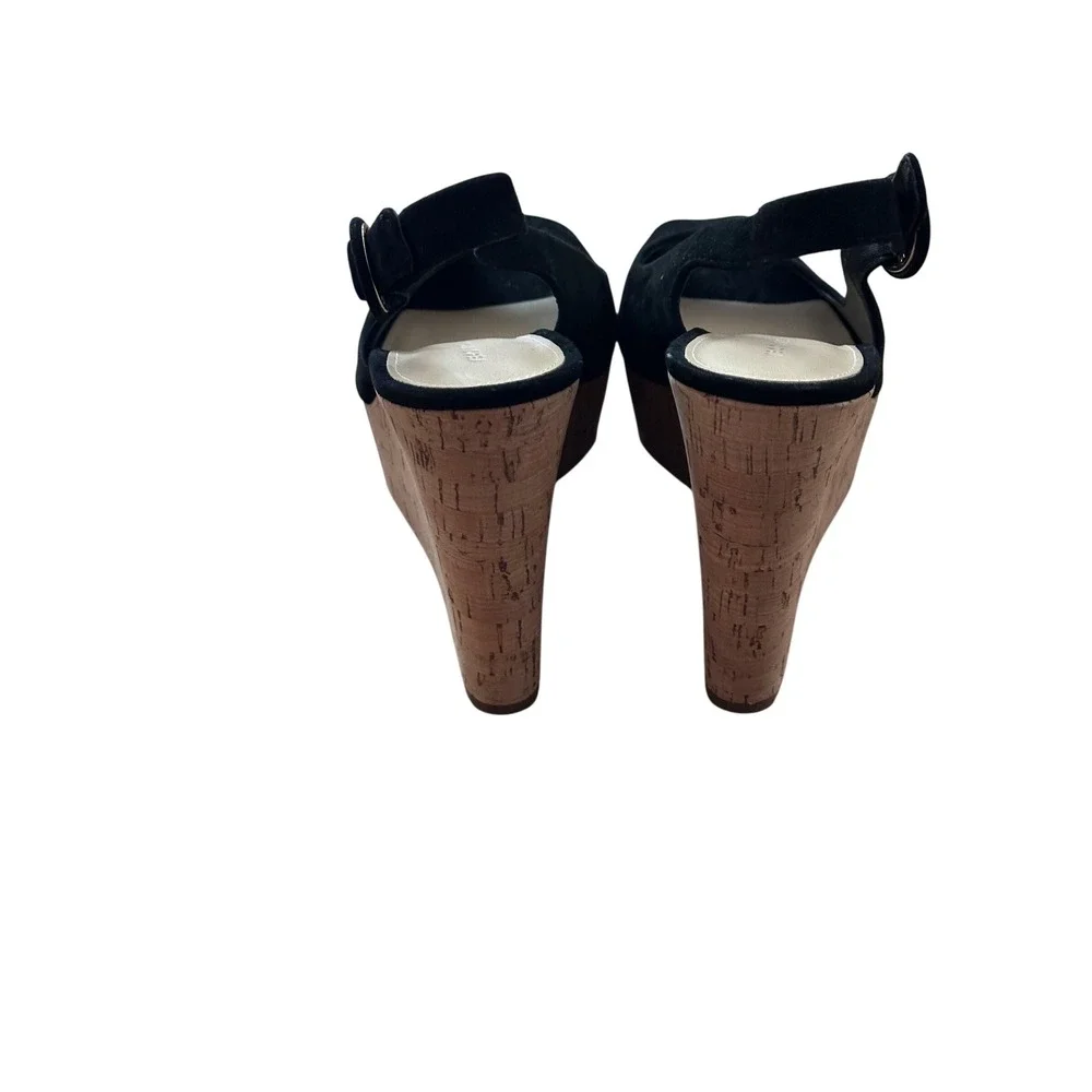 Veronica Beard Black Suede Cork Platform Slingback Peep Toe Wedge Sandals 7MNWOT